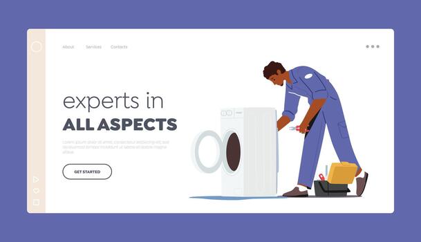 Plumber, Husband for an Hour Repair Service Landing Page Template. Character in Uniform Fixing Broken Washing Machine vector