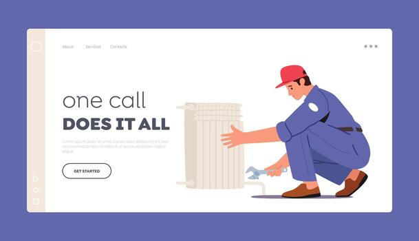 fontaneros Servicio aterrizaje página modelo. . trabajador personaje con llave herramientas reparando calefacción tubería, instalando tubos vector