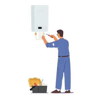 Plumber at Work Concept. Call Master Character in Robe Install Smart Heater. Husband for an Hour Repair Service, Worker vector