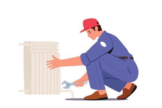 Plumbers Service, Heating Pipes Replacement. Worker with Spanner Tools Repairing, Installing House Heating Pipeline vector