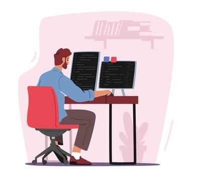 sitio web programación concepto. programador o diseñador masculino personaje trabajando en computadora y tableta ordenador personal codificación vector