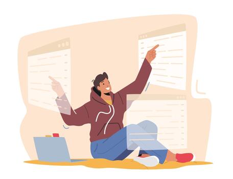 hombre programador o gui diseñador personaje trabajando en computadora con interactivo interfaz pantallas desarrollar web sitio página vector