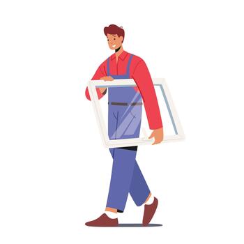 Worker in Overalls Carry Glass in Frame for Installing Plastic Window in Apartments. Contractor Male Character Working vector