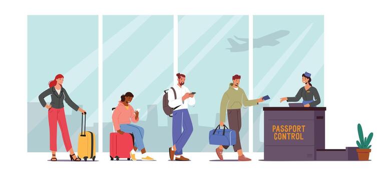 Passenger Characters with Luggage Stand in Queue Prepare Documents for Flight Registration in Airport. Check in Boarding vector