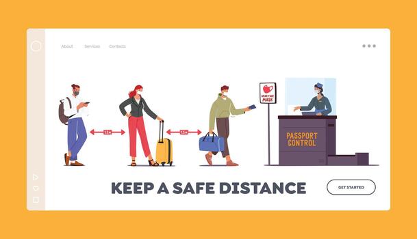 Airport Passport Control at Covid Pandemic Landing Page Template. Passengers Characters in Medic Masks Stand in Queue vector