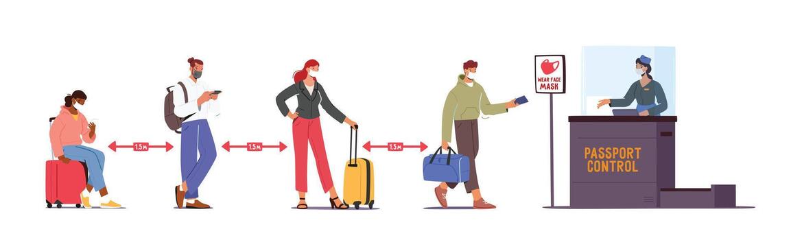 Passengers Characters in Medic Masks Stand in Queue Keep Distance Prepare Documents for Flight Registration in Airport vector