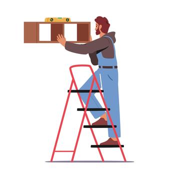Furniture Assembly Service. Carpenter Worker Character with Tools and Level Assembling Home Furniture Hanging Shelf vector