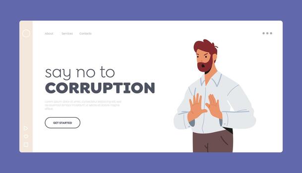 Say No to Corruption, Negative Feelings Expression Landing Page Template. Man in Formal Wear Showing Stop Gesture vector