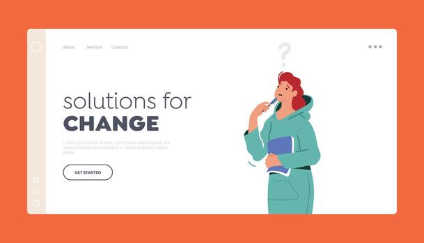Solutions for Change Landing Page Template. Serious Female Character Under Question Mark, Girl Thinking, Solving Problem vector