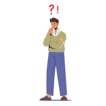 Thoughtful Serious Business Man Stand with Question Mark above Head Thinking. Male Character Searching Solution vector