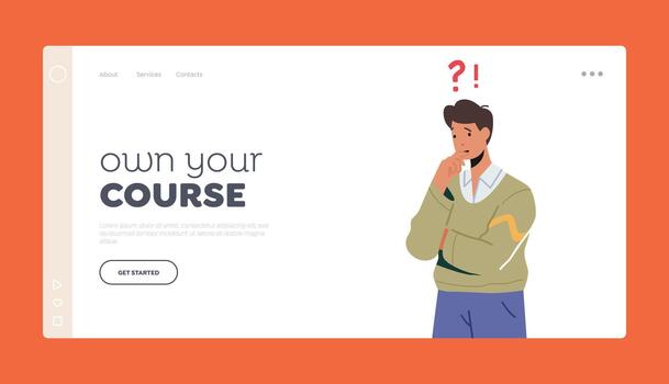 Male Character Search Solution, Decision Landing Page Template. Thoughtful Serious Business Man Stand with Question Mark vector