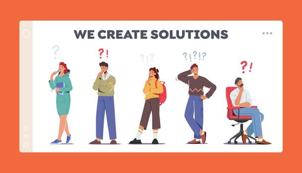 Create Solution Landing Page Template. People Thinking Serious Tasks, Searching Information, Characters with Question vector