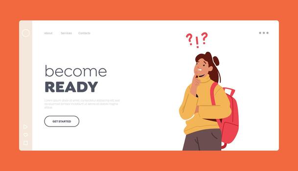 Doubts and Confusion Landing Page Template. Female Character Stand Under Question Mark Thinking Woman Solving Problem vector