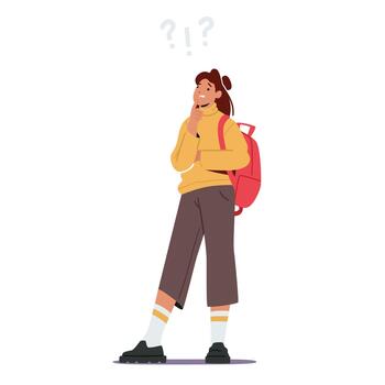 Female Character Stand Under Question Mark Thinking Isolated on White Background. Woman Solving Problem Search Solution vector