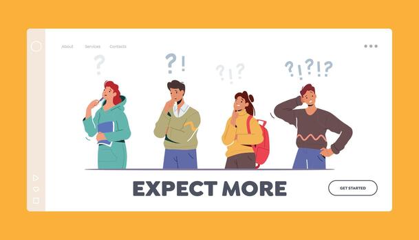 Expect More Landing Page Template. People Thinking Serious Tasks, Searching Information, Young Characters with Question vector