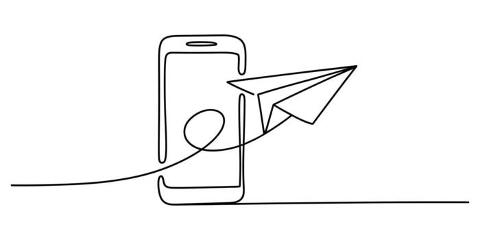 continuo línea Arte dibujo de teléfono inteligente enviando papel avión vector