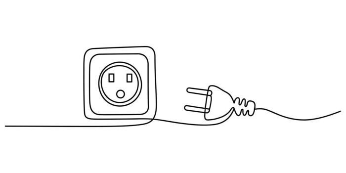 Continuous line art electric plug and socket connection design vector