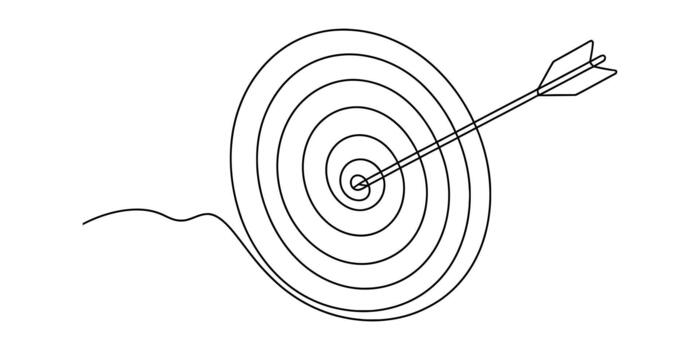 One continuous line drawing of target with arrow in bullseye vector