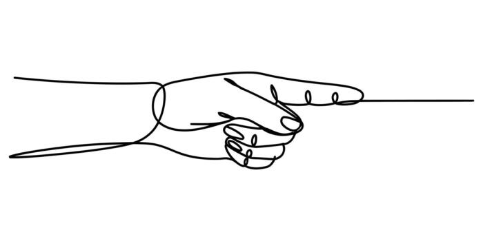 Continuous line drawing of a hand pointing finger to the right. vector