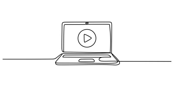 Continuous line art of laptop with play button symbol on screen vector