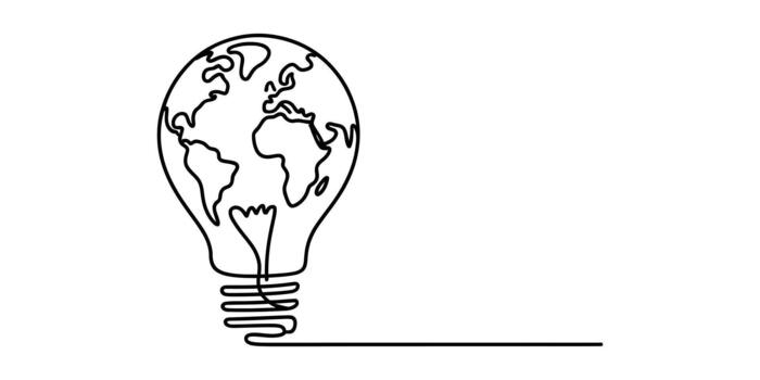 Continuous line drawing of earth globe within lightbulb idea. vector