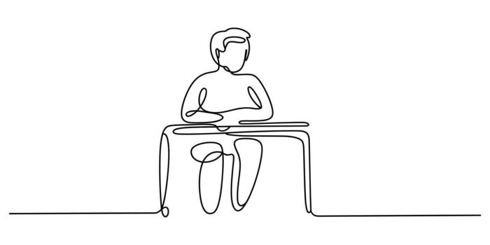 Continuous line drawing of a person sitting at a desk studying vector