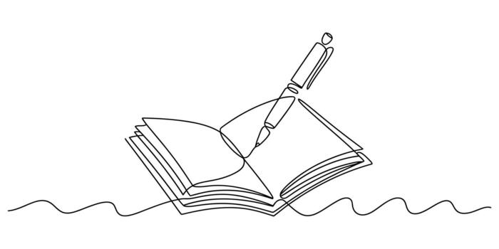 Continuous line art of an open notebook with pen for writing vector