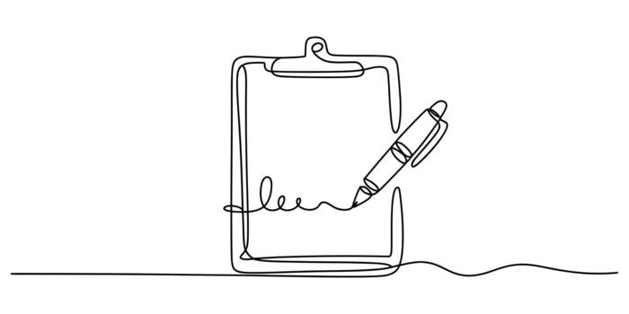 One continuous line art of clipboard, pen, and signature form vector