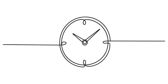 Continuous line art drawing of a minimalist clock time symbol icon vector
