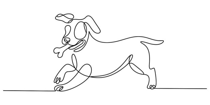 Playful puppy running with a bone, continuous line art drawing vector