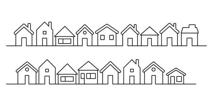 Continuous line art design of a small house row in a cityscape vector