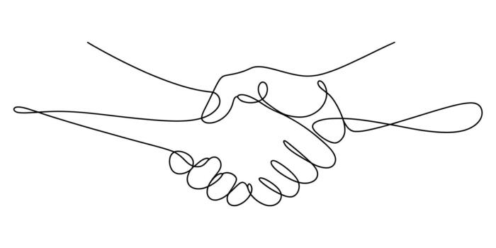 Continuous line drawing of two hands shaking, business concept vector