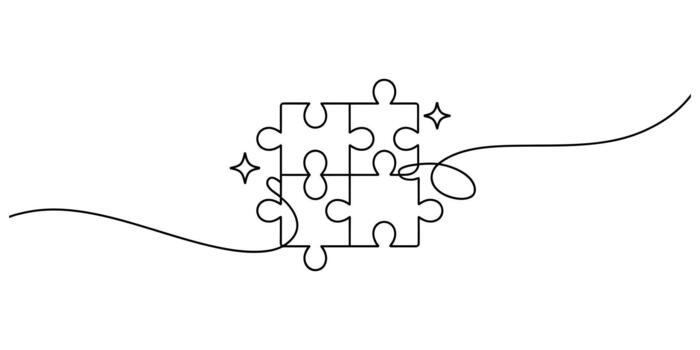 Continuous line art of four interconnected puzzle pieces with sparkles. vector