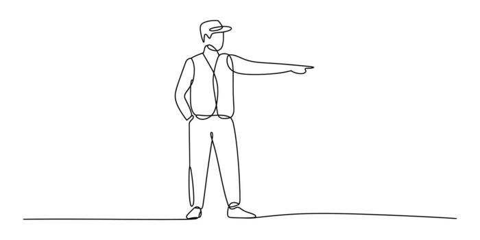 Man in cap and vest pointing direction in continuous line art vector