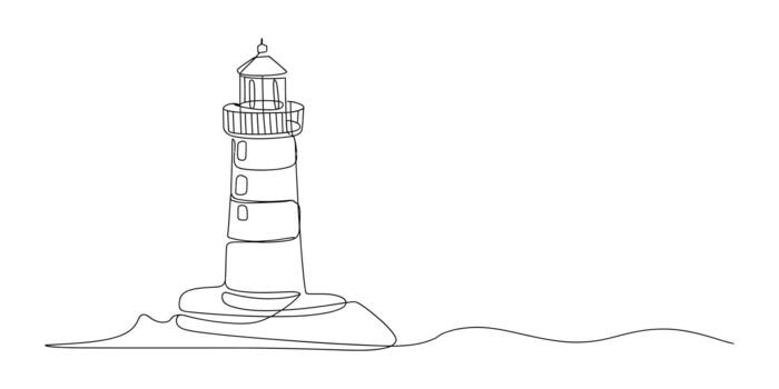 Simple continuous line drawing of a lighthouse on coastal rocks vector