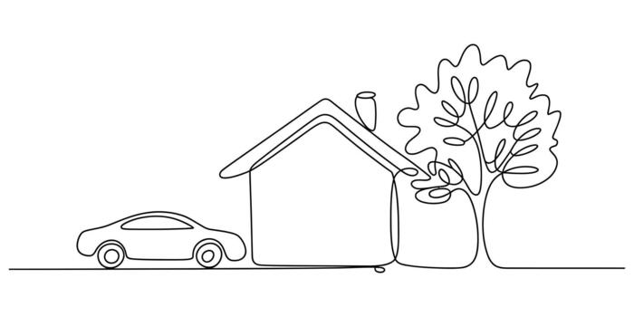 Continuous line drawing of house, car, tree property concept vector