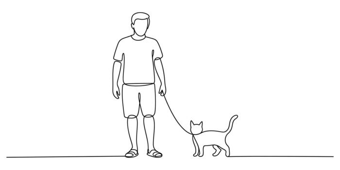 Minimalist continuous line art of a person walking a pet cat vector