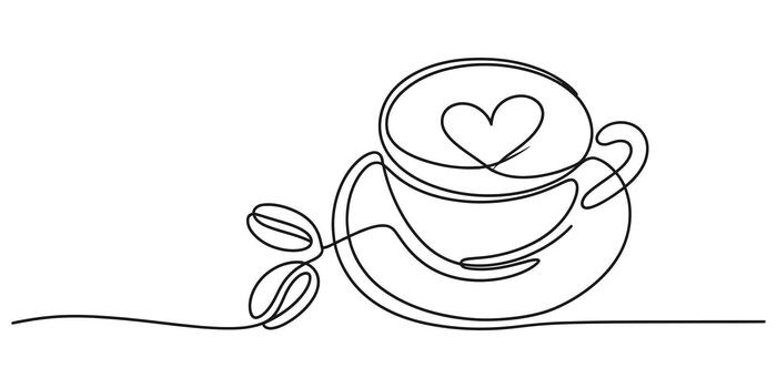 Continuous line art coffee cup with heart latte design and beans vector