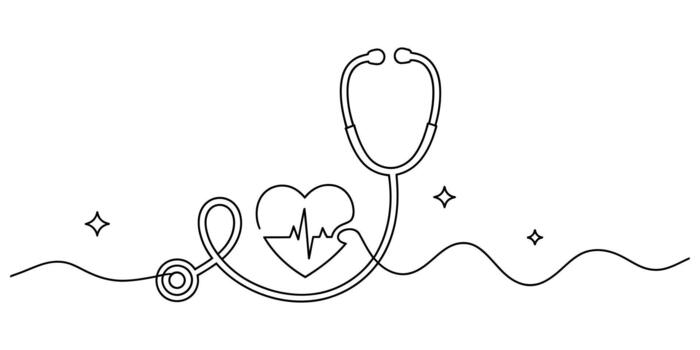 Stethoscope with heart and ecg line, continuous single line art. vector