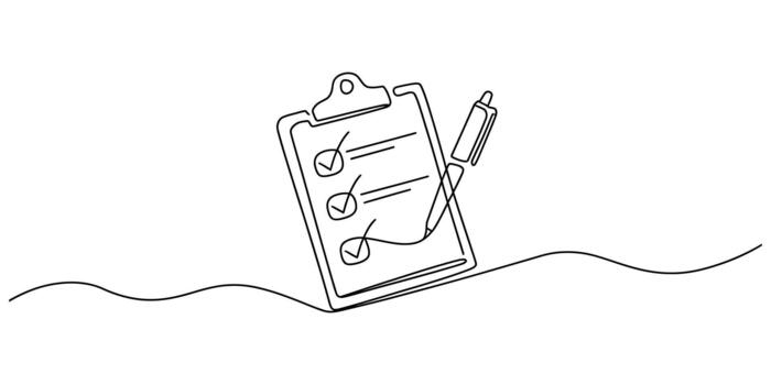 One line drawing of a clipboard with checklist and pen icon art vector