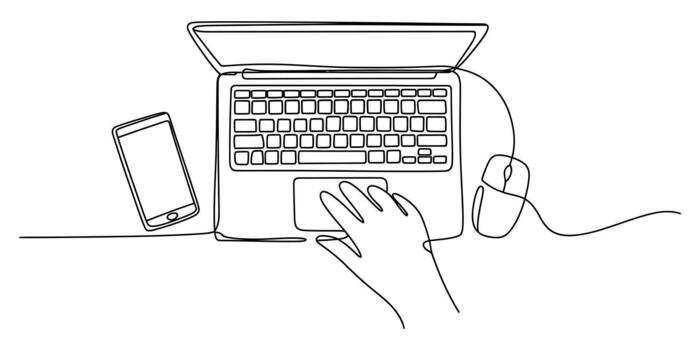 Continuous line drawing of workspace with laptop and devices vector