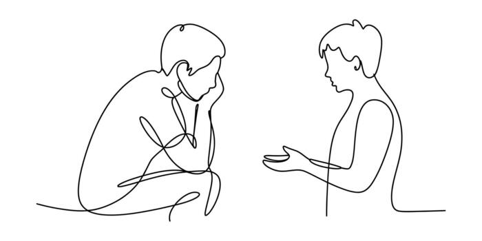 Continuous line art of two people in a discussion or consolation vector