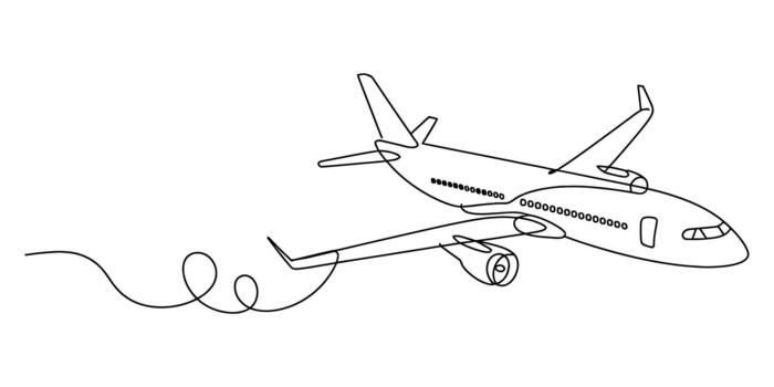 Minimalist continuous line art of a passenger airplane in flight vector