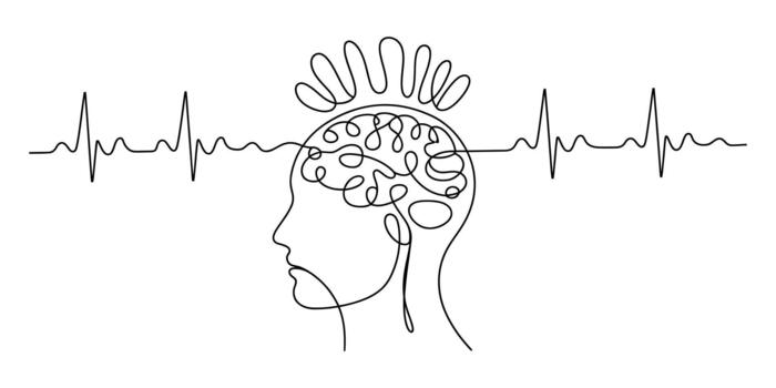Mind and brain activity with connected wave, minimalist line art vector