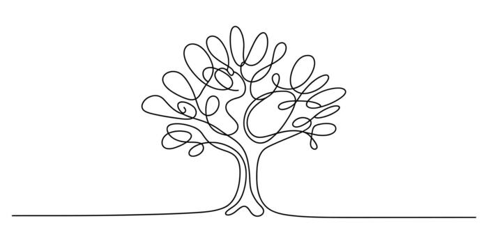 Abstract continuous line art drawing of a tree, simple graphic vector