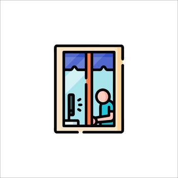 Working From Home Icon Person at Computer by Window, home office vector