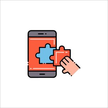 Mobile App Development Puzzle Pieces on Smartphone Screen, problem solving vector