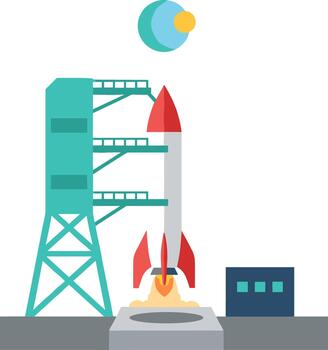 Simple Flat Style Rocket Launching Pad with Moon in Space Illustration vector