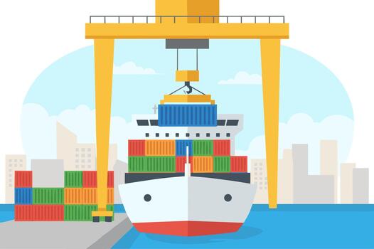 Flat Illustration of Cargo Ship Unloading Containers in Port with Crane and City vector