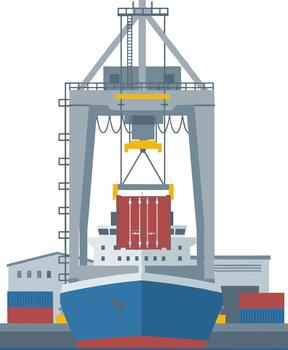 Flat Detailed Container Ship Loading with Crane in Harbor Illustration vector